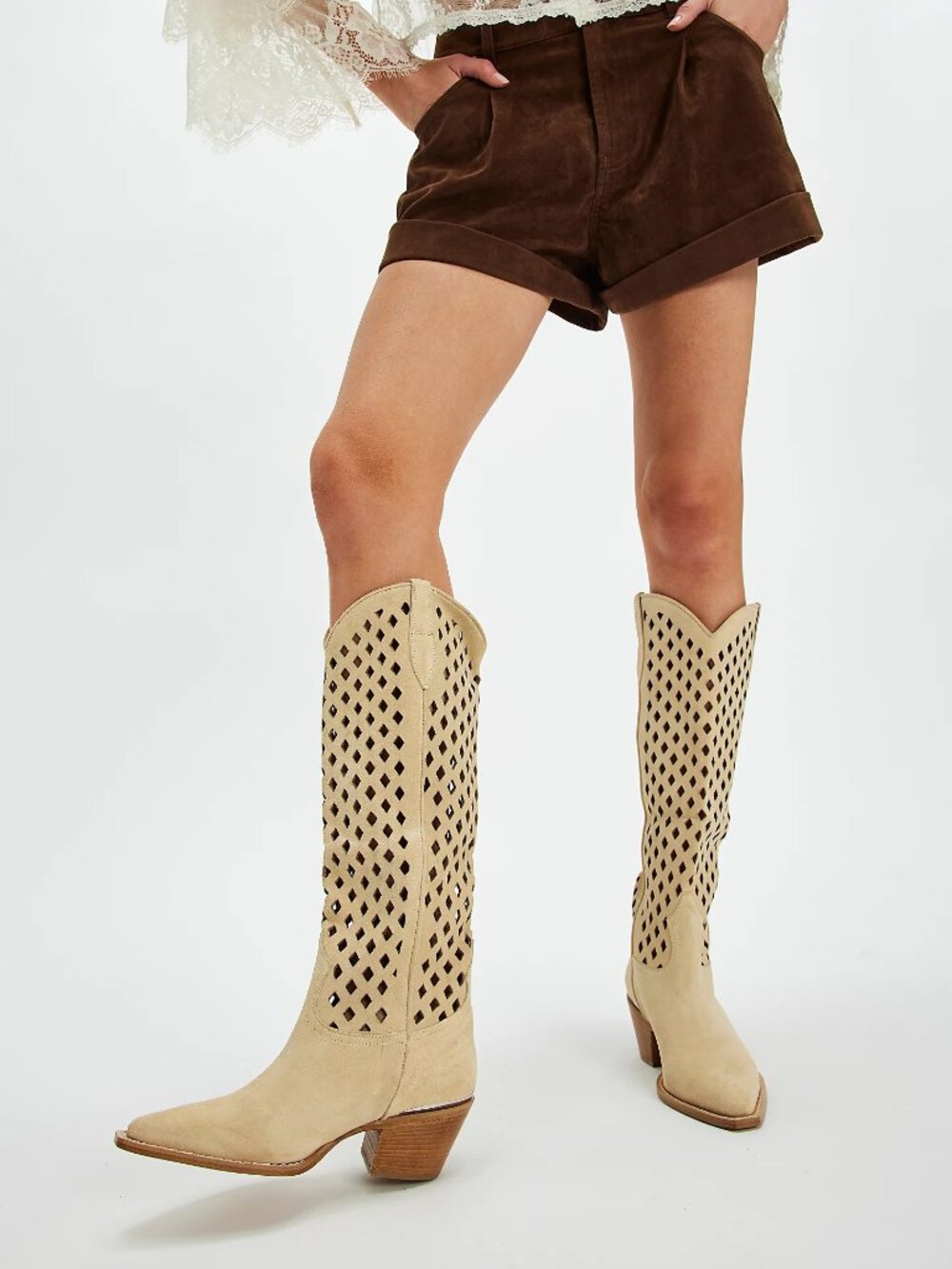 Free People Diamonds Are Forever Cowboy Boots - Sand Suede